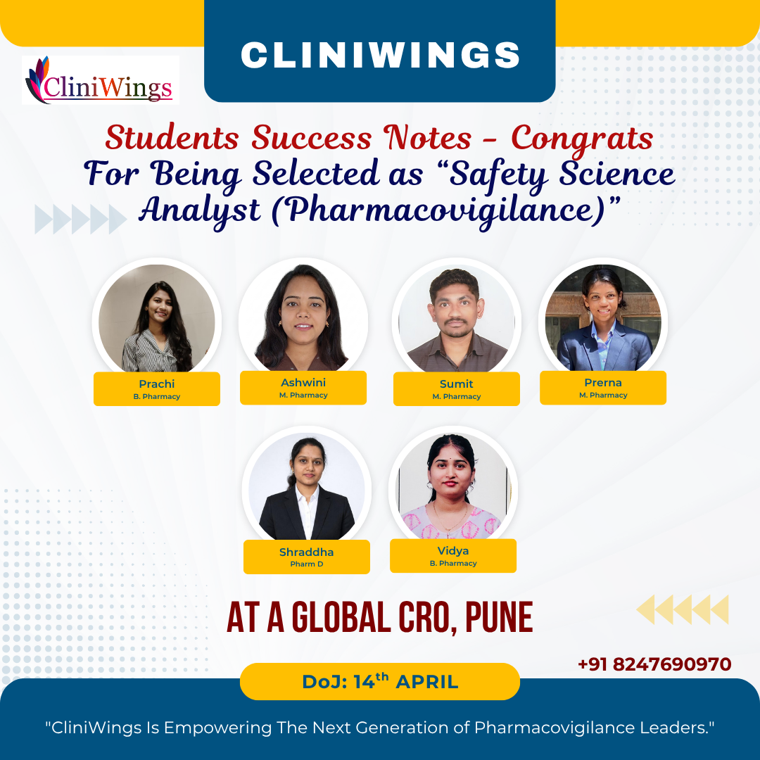 6 CliniWings Students Selected as Safety Science Analysts (PV) at a Global CRO, Pune